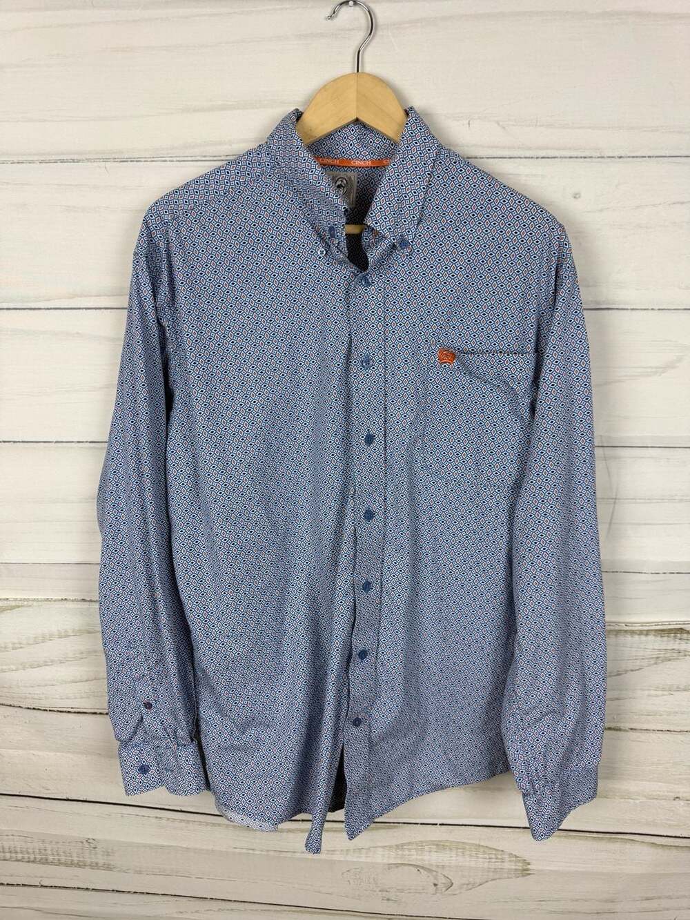 Cinch Men's Blue Geometric Diamond Print Long Sleeve Button-Down Shirt Size M